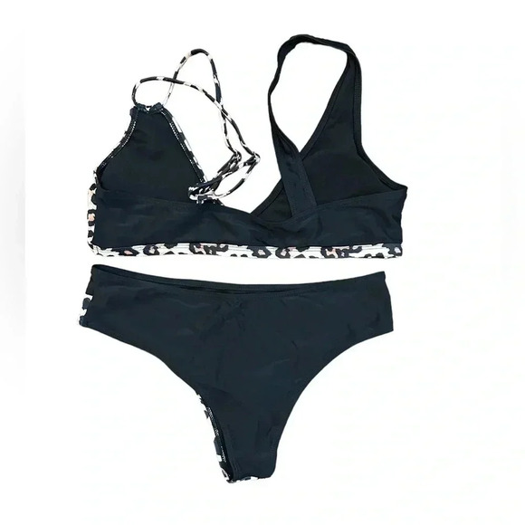 Two Piece Bathing Suit Removable Pads NWOT Large Animal Print Black - Picture 2 of 3